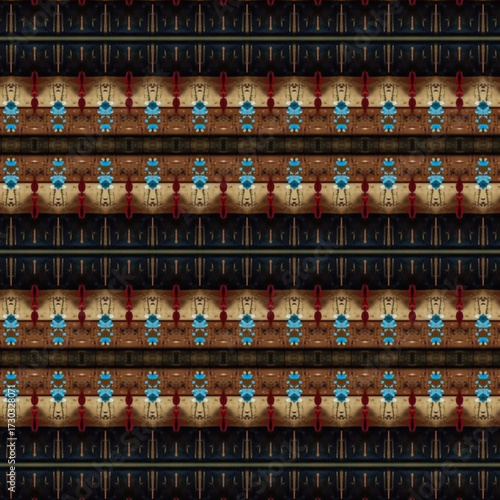 Geometric ethnic-inspired seamless pattern with repeating shapes in red, blue, and brown tones, ideal for textile, wallpaper, or digital backgrounds.