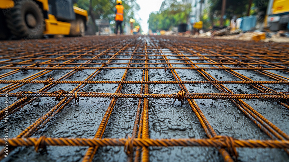 Obraz premium Close-up view of steel rebar mesh laid for construction project Generative AI