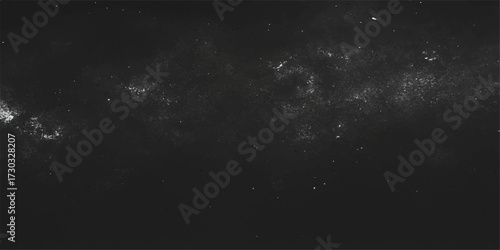 An abstract black and white grunge background with a dark, smoky texture and star-like dust particles