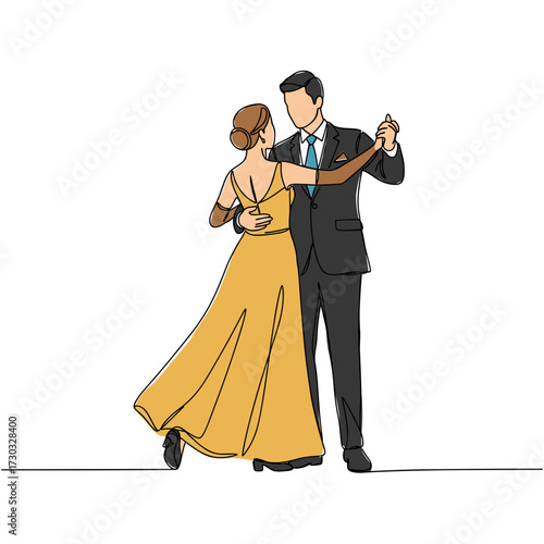 Couple dancing in formal attire on plain background  