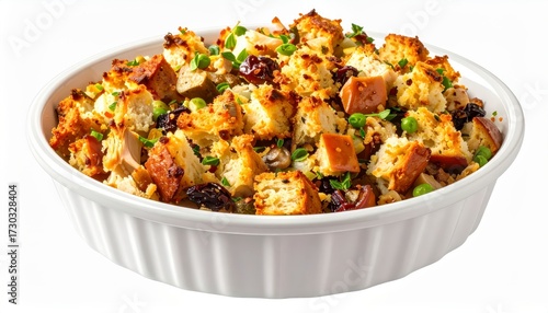 Turkey stuffing isolated on white background . Thanksgiving holiday side dish. Homemade bread dressing recipe for festive autumn meal.