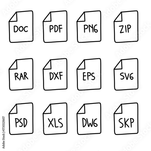PDF and DOC File Format Icon Vector, Minimal Document Extension Symbol Collection, Spreadsheet XLS and PPT File Icon Pack, Folder and Data Document Line Vector Set