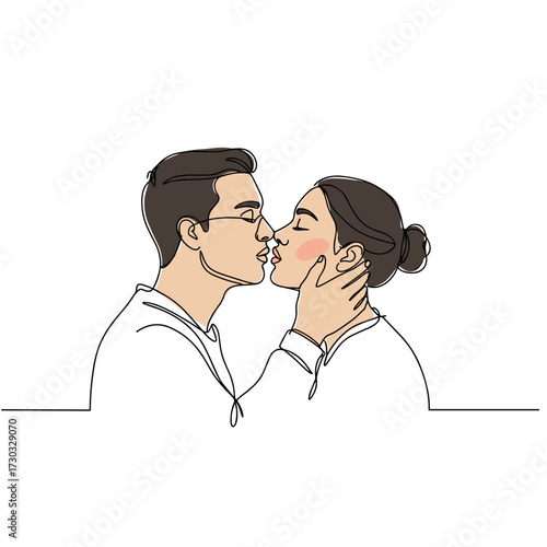 Young couple kissing tenderly in a line art style illustration  
