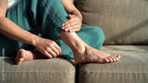 Woman Massaging Sore Foot on Couch in Sunlight Foot Care and Pain Relief at Home Close Up on Ankle Calf Leg Skin Hydration Therapy Wellbeing Self Care and Relaxation