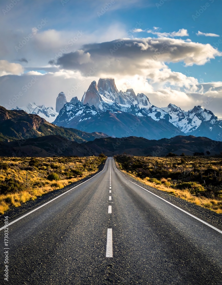 Fototapeta premium Empty road leading to snowy peaks