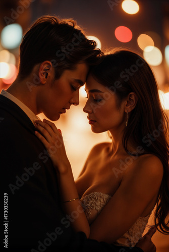 a couple in close embrace, with the woman leaning her forehead against the man's, as they stand in a dimly lit urban setting. The warm glow of the lights in the background creates a ro