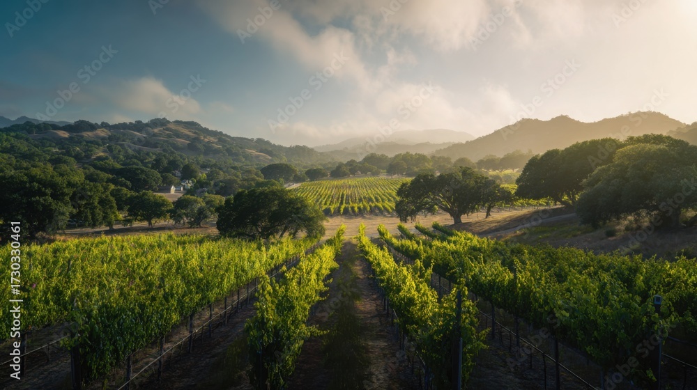 Fototapeta premium vineyard. Golden hour vineyard landscape with rows of grapevines extending toward rolling hills, travel magazines, destination branding, designed for outdoor magazines and nature guides.