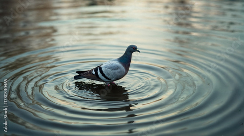 a pigeon standing on a body of water, creating ripples as it does so. The water appears calm, reflecting the