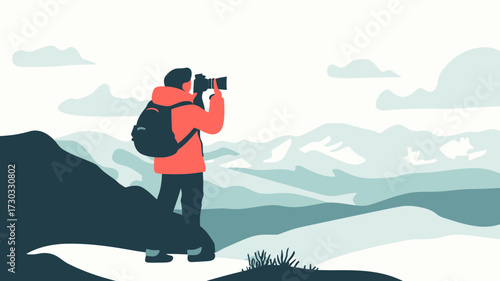 Photographer standing on snowy mountain peak capturing landscape photo with camera wearing backpack and red jacket in minimalist vector style