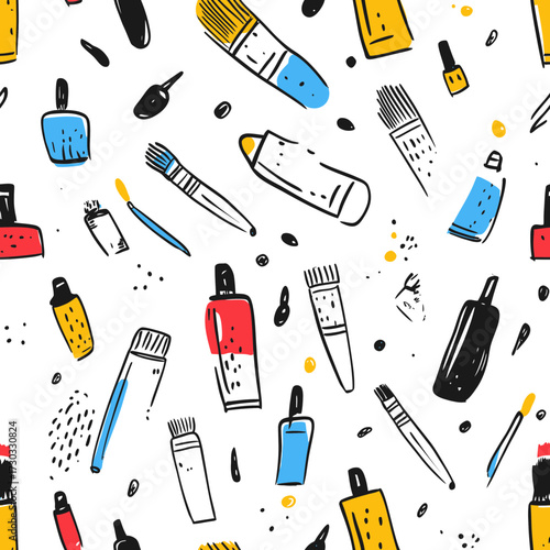 Seamless hand drawn paintbrushes tubes and nail polish bottles pattern with colorful doodle sketch style isolated on white background