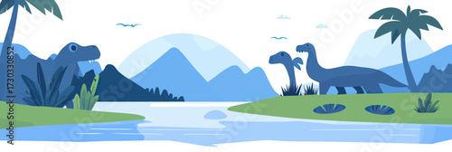Prehistoric riverbank with giant dinosaur footprints and sauropod dinosaurs in tropical landscape minimalistic flat vector illustration
