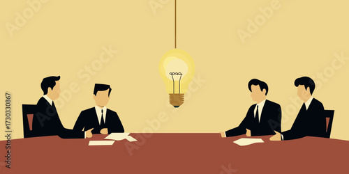 Business meeting with four male professionals in suits sitting around conference table illuminated by hanging light bulb idea concept in minimalist flat vector style