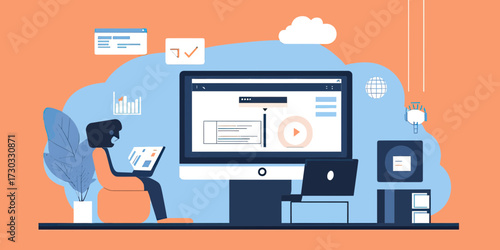 Flat vector illustration of woman using laptop with desktop monitor displaying web login interface and data charts in technology workspace environment