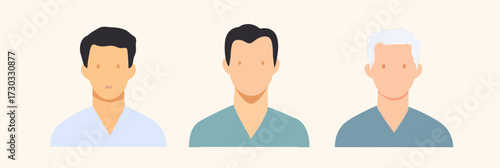 Flat minimalist male avatar portraits representing different ages and ethnicities in simple vector style for user profile or healthcare concepts