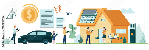 People calculating sustainable home finances and electric car expenses using digital devices in eco friendly residential setting with solar panels and charging station