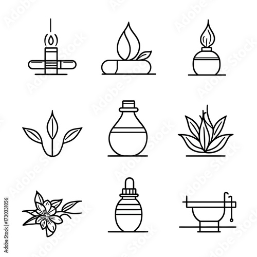 Ayurvedic wellness icons set with essential oil bottles, herbal leaves, flowers, candle, and mortar pestle in minimal outline style vector illustration