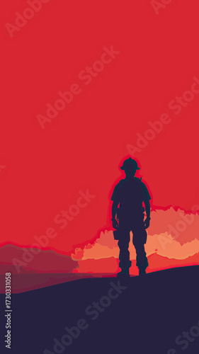 Silhouette of firefighter standing on hill during intense orange sunset with smoke clouds in background emergency response and bravery concept vector illustration