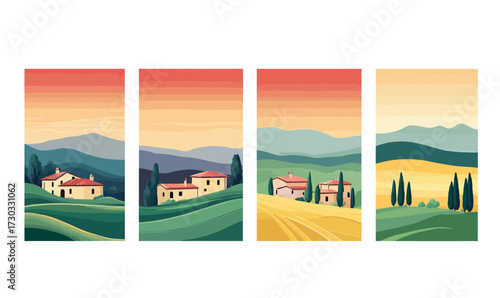 Tuscany Italy rural landscape set with traditional houses green rolling hills cypress trees golden fields sunrise scenic countryside travel posters vector illustration flat style