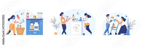 Pharmacy customers holding prescriptions selecting pills and bottles at drugstore counter and shopping cart, flat vector illustration of medicament purchase concept