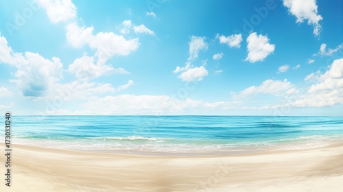 Wallpaper Mural Vast flat beach with soft sand, calm sea and clear blue sky, visible distant horizon adds depth, ideal for travel promotions, poster design and digital art projects. Torontodigital.ca