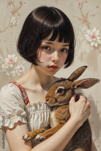 a person wearing a cream-colored blouse with red and white trim, holding a brown rabbit. The background features a patterned wall with floral designs.