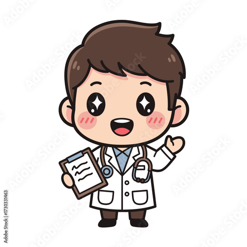 A friendly cartoon doctor, holding a clipboard and smiling with his hand up Vector illustration kawaii