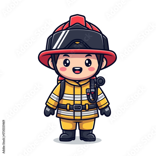 Cute cartoon firefighter in uniform, ready to protect and serve. Featuring a smiling firefighter wearing a helmet, with a friendly expression Vector illustration kawaii
