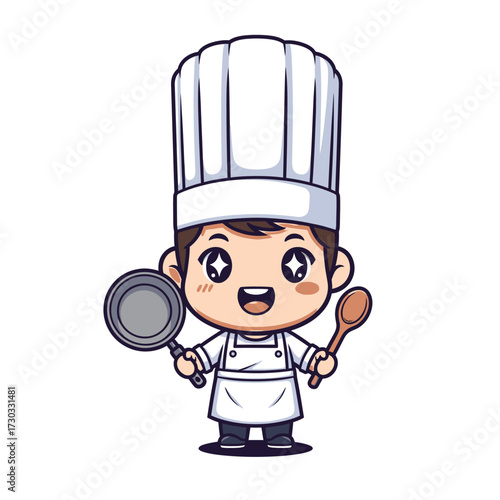 Cute chef holding a pan and a spoon, smiling and ready to cook Vector illustration kawaii