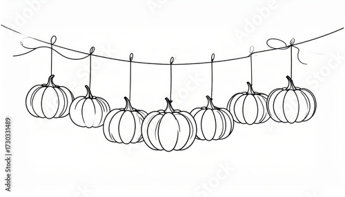 Hanging Pumpkins Halloween. Pumpkins line art style. Thanksgiving element. Festive fall decoration idea simple pumpkin drawing for autumn holiday celebration.