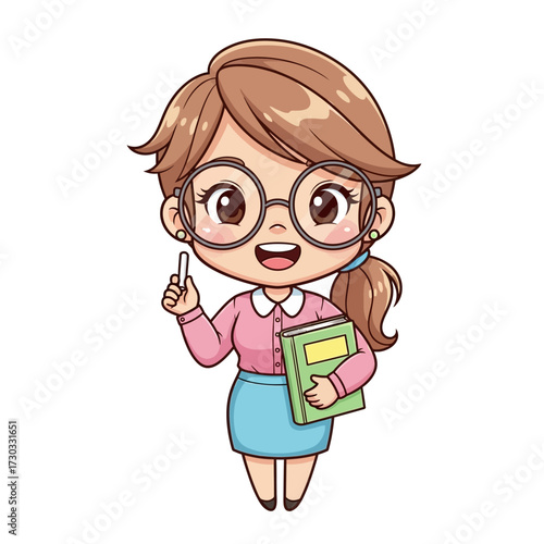 A teacher holding a book, pointing her finger, dressed in a formal attire Vector illustration kawaii