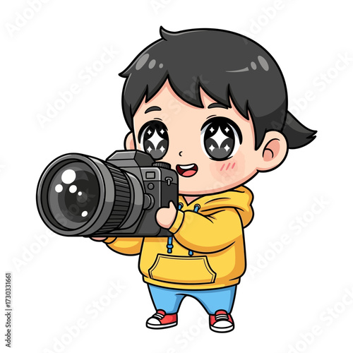 Cute cartoon character photographer with a camera. The photographer is holding a camera and smiling happily, ready to capture the moment.  Vector illustration kawaii