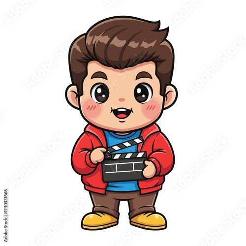 Cute cartoon boy holding a movie clapperboard. The boy is standing with a happy expression on his face, smiling and looking at the camera Vector illustration kawaii