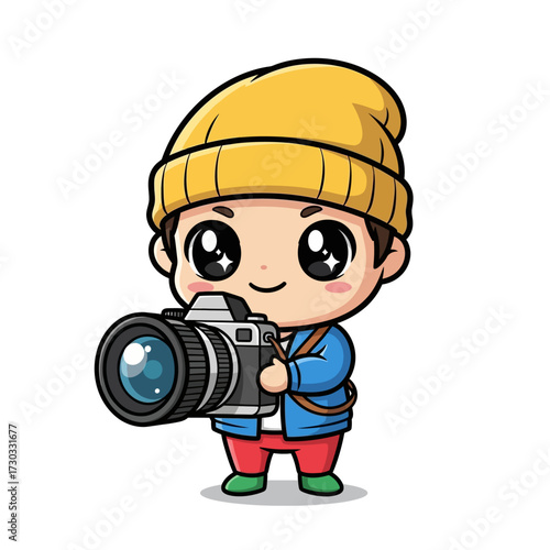 Cute Cartoon Photographer with Big Camera Vector illustration kawaii