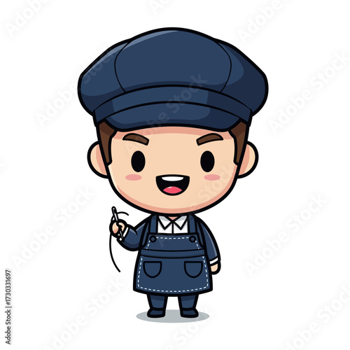 An illustrated cartoon character, a tailor in a blue uniform holding a needle with thread Vector illustration kawaii