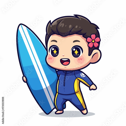 Cute cartoon of a surfer with a surfboard, ready for waves. This image depicts a happy surfer holding a surfboard Vector illustration kawaii