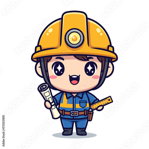 An illustration of an engineer with construction blueprint and ruler, wearing a yellow helmet and blue outfit, smiling Vector illustration kawaii
