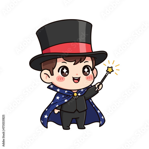 A charming magician is ready to perform, holding a wand with a glowing star, set against a solid background. Vector illustration kawaii