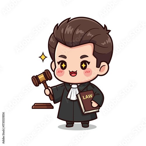 Cute cartoon character judge holding gavel and law book Vector illustration kawaii
