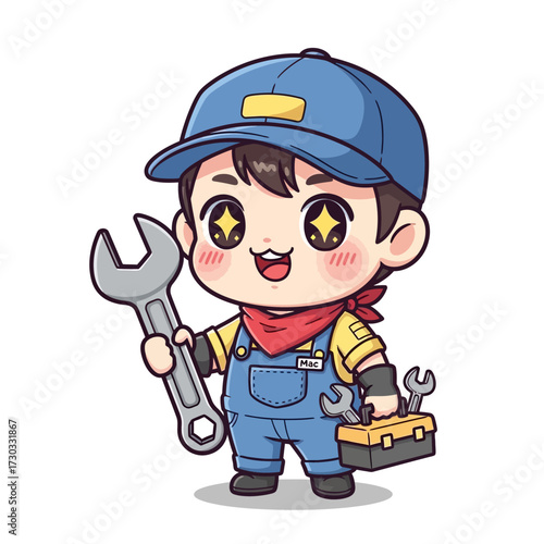 Cute mechanic holding a wrench and toolbox Vector illustration kawaii