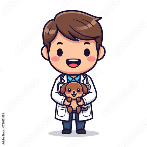 A charming cartoon illustration of a veterinarian doctor happily holding a cute puppy Vector illustration kawaii