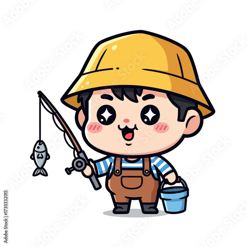 An illustration of a happy fisher holding fishing rod and small fish Vector illustration