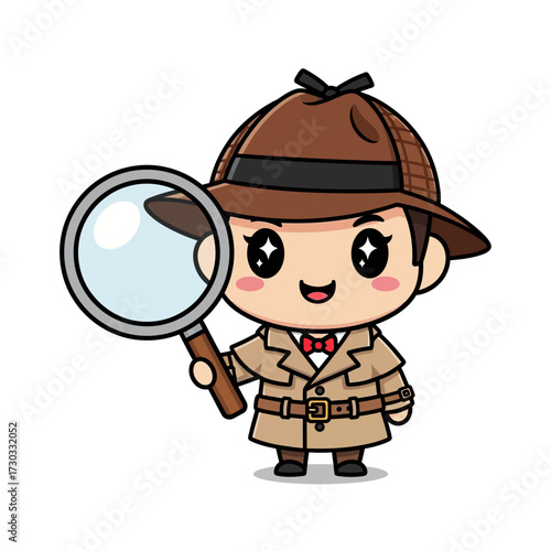 A detective character with a magnifying glass, ready to solve the mystery. He is dressed in a classic detective outfit, wearing a hat and trench coat Vector illustration