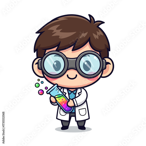A cute cartoon scientist holds a test tube with colorful liquid, expressing curiosity and knowledge Vector illustration