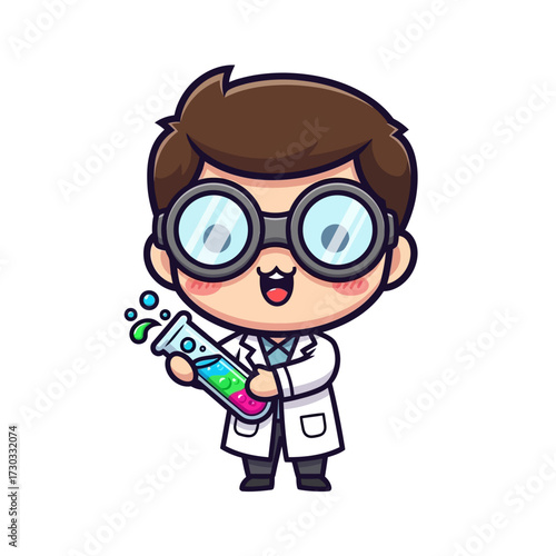 A cute cartoon scientist holding a test tube with colorful liquid, ready for experiment Vector illustration