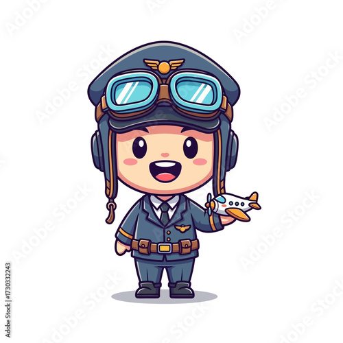 A cute pilot cartoon holding airplane with smile. A perfect illustration of a friendly aviator, the cartoon character is in a pilot uniform  Vector illustration