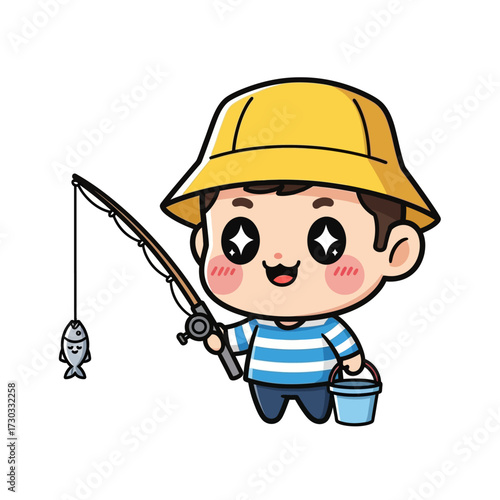 A cute illustration of a boy fishing and holding a bucket, catching the little fish on the fishing rod Vector illustration kawaii