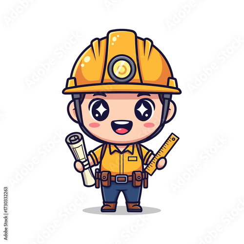 A friendly engineer mascot character, smiling and holding blueprints and ruler Vector illustration