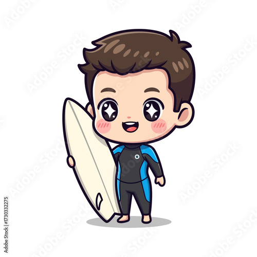 A cute cartoon surfer holding a surfboard, ready to hit the waves and enjoy a day of surfing.  Vector illustration kawaii