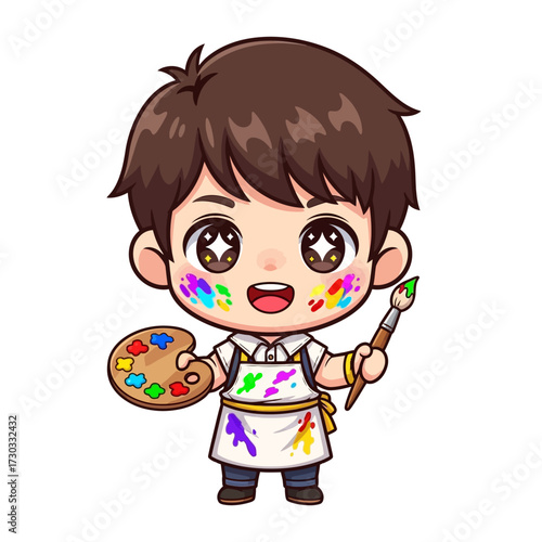 A cheerful artist, covered in paint, holding a palette and paintbrush, ready to create art. The image captures the artist's passion and creative spirit Vector illustration kawaii