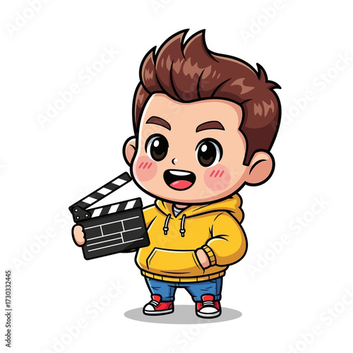 Cartoon illustration of a cheerful boy holding a clapperboard, ready to capture movie magic!  Vector illustration kawaii
